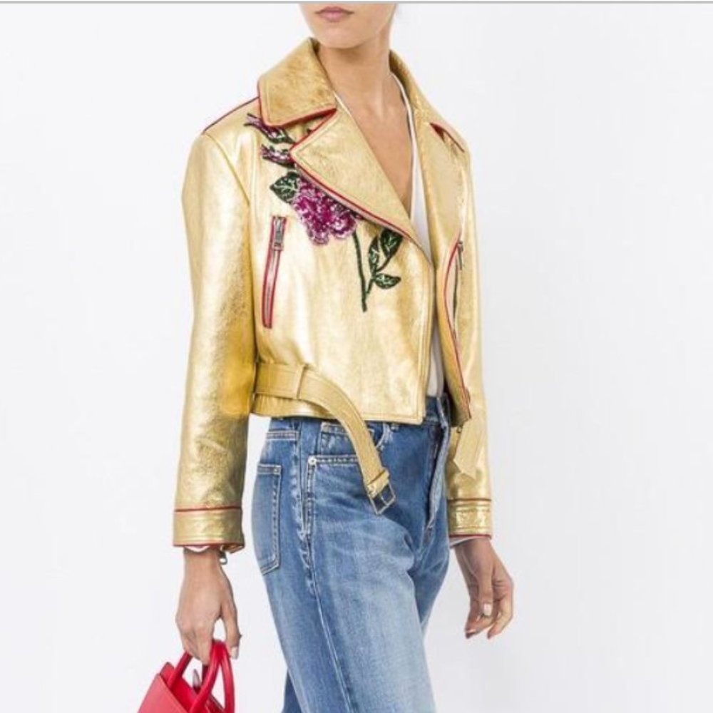 $7990 New Gucci Leather and Sequin Belt Runway Moto “LOVED” Jacket.